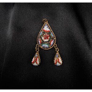 Vintage Italian Micro Mosaic Pendant With Floral Design & Tear Drop Dangles